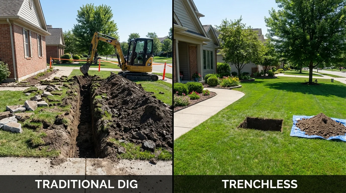 Trenchless sewer repair with minimal yard damage versus traditional excavation in Vienna, WV