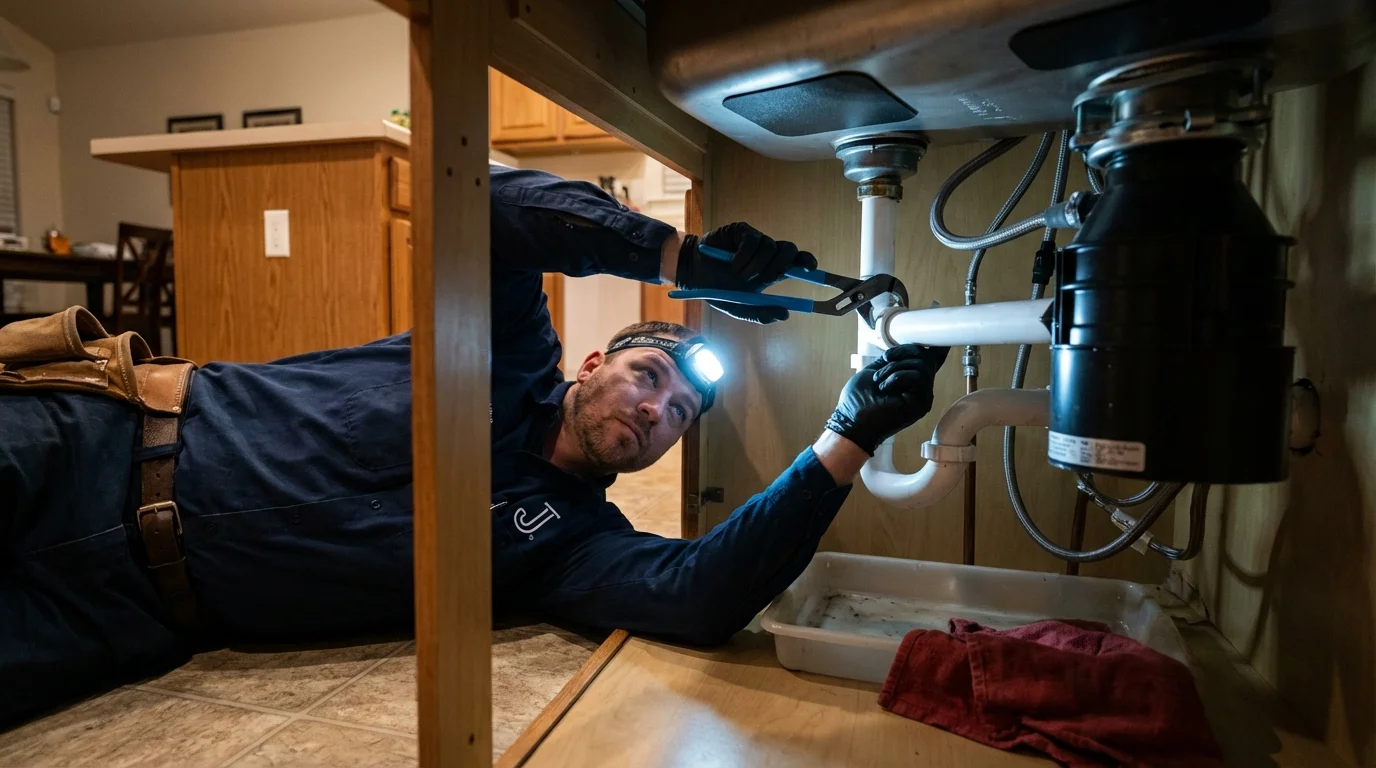 P-trap and supply line connections under a kitchen sink showing a common leak point in Vienna, WV